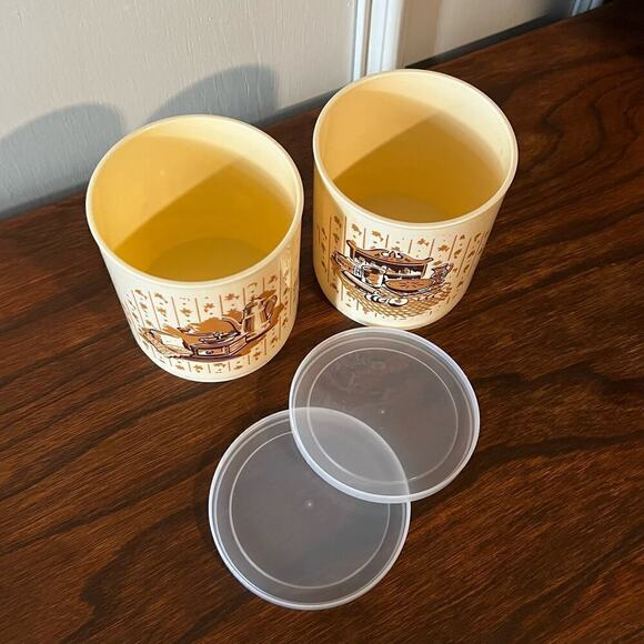 Vintage 70’s Plastic Container Crock Butter Tub with Lid Set of 2 Harvest Design - Picture 8 of 10